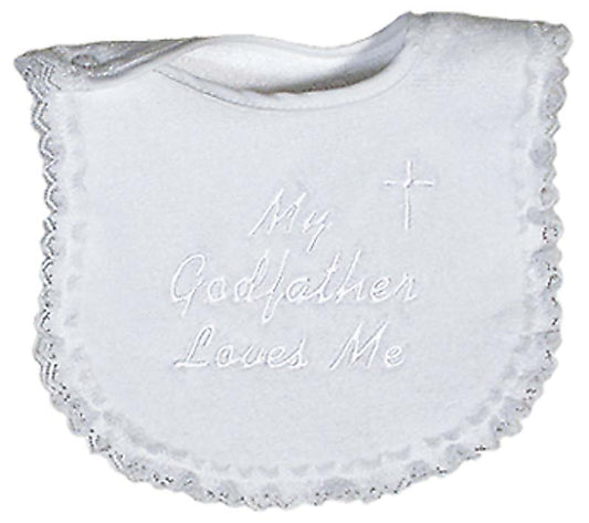 R6147F "My Godfather Loves Me" White Embroidered Lace Bib