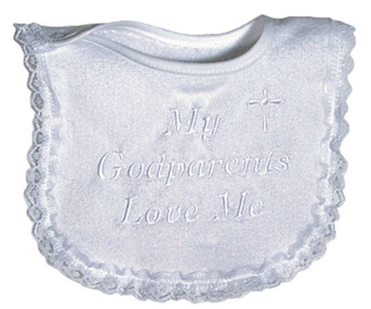 R6455L "My Godparents Love Me" White Embroidered Lace Bib