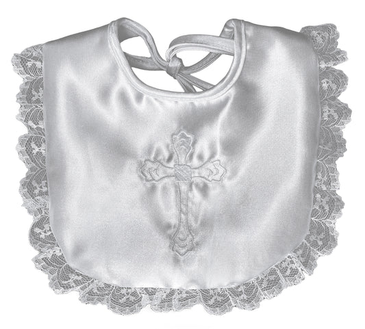R7300L Cross Christening Embroidered White Satin Lace Bib