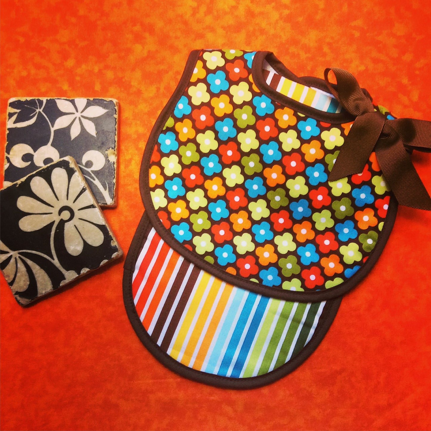 #22405 Brown Floral Bib & Burp Gift Set