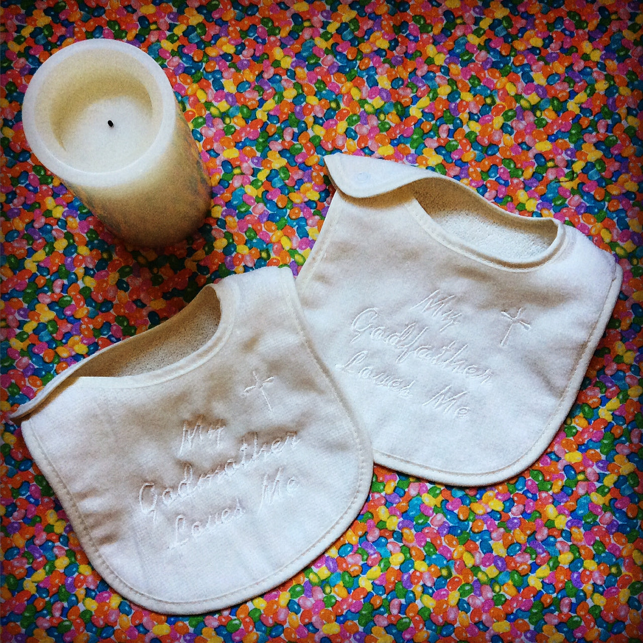 #6110 "My Godmother, Godfather Loves Me" Ivory Bib