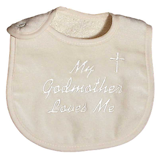 #6110 "My Godmother, Godfather Loves Me" Ivory Bib