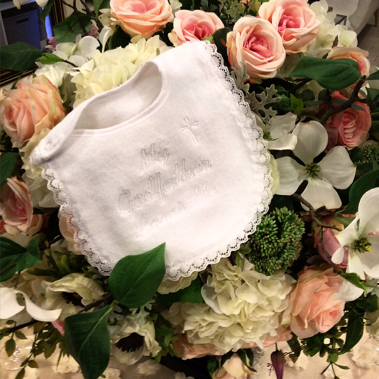 #6147 "My Godmother, Godfather Loves Me" Lace Bib