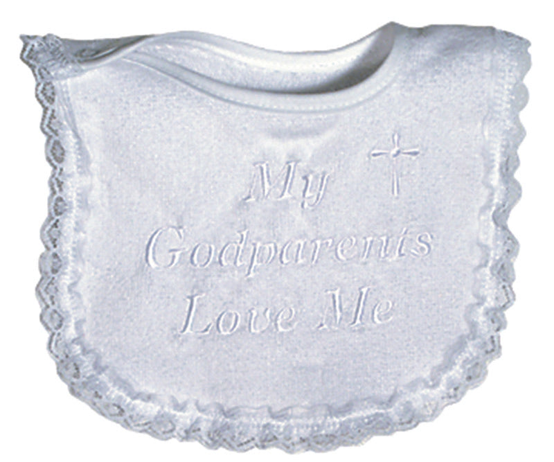 R6455L "My Godparents Love Me" White Embroidered Lace Bib