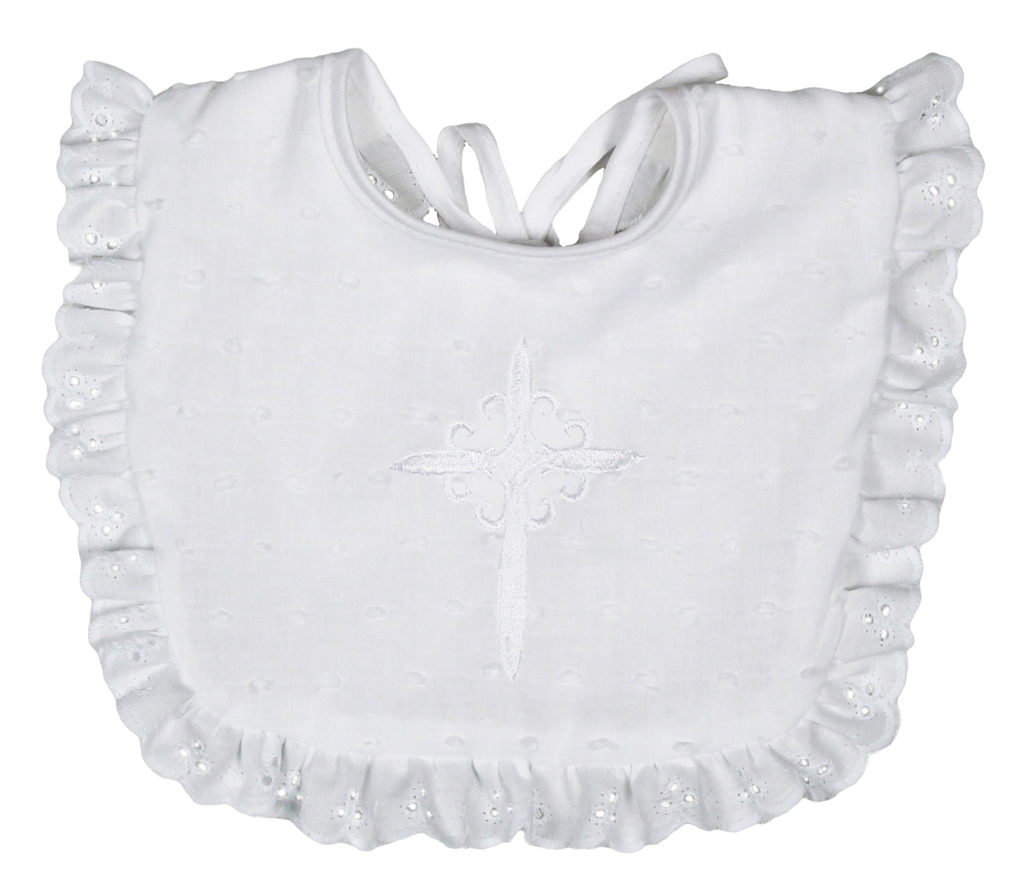 R7700L Cotton Cross Christening Embroidered White Eyelet Bib