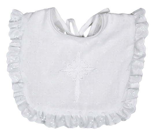 R7700L Cotton Cross Christening Embroidered White Eyelet Bib