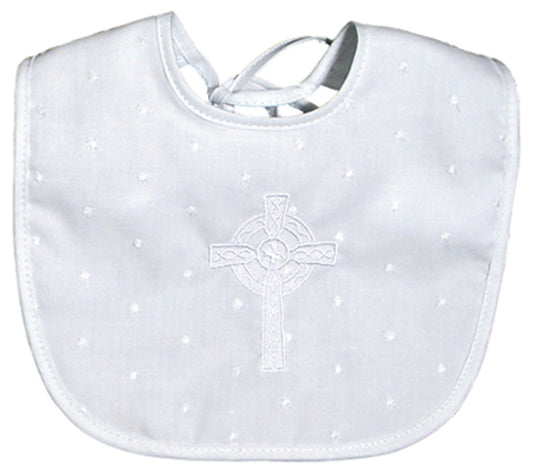 #7800 White Cotton Embroidered Celtic Cross Pin Dot Bib