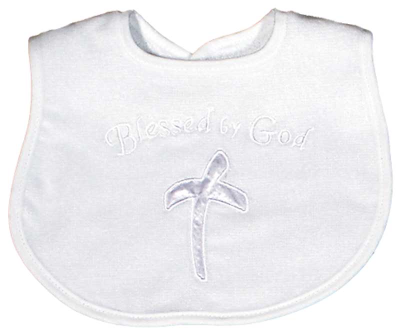 RA70235W "Blessed by God" Embroidered and Appliqued White Bib
