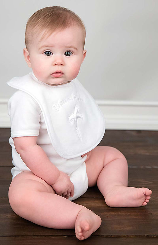 RA70235W "Blessed by God" Embroidered and Appliqued White Bib