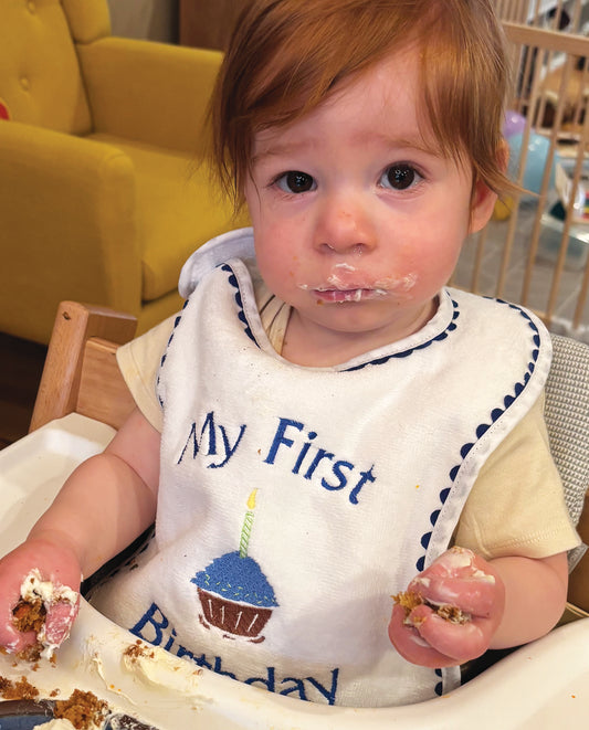 R6809RO "My First Birthday" Embroidered Royal Bib